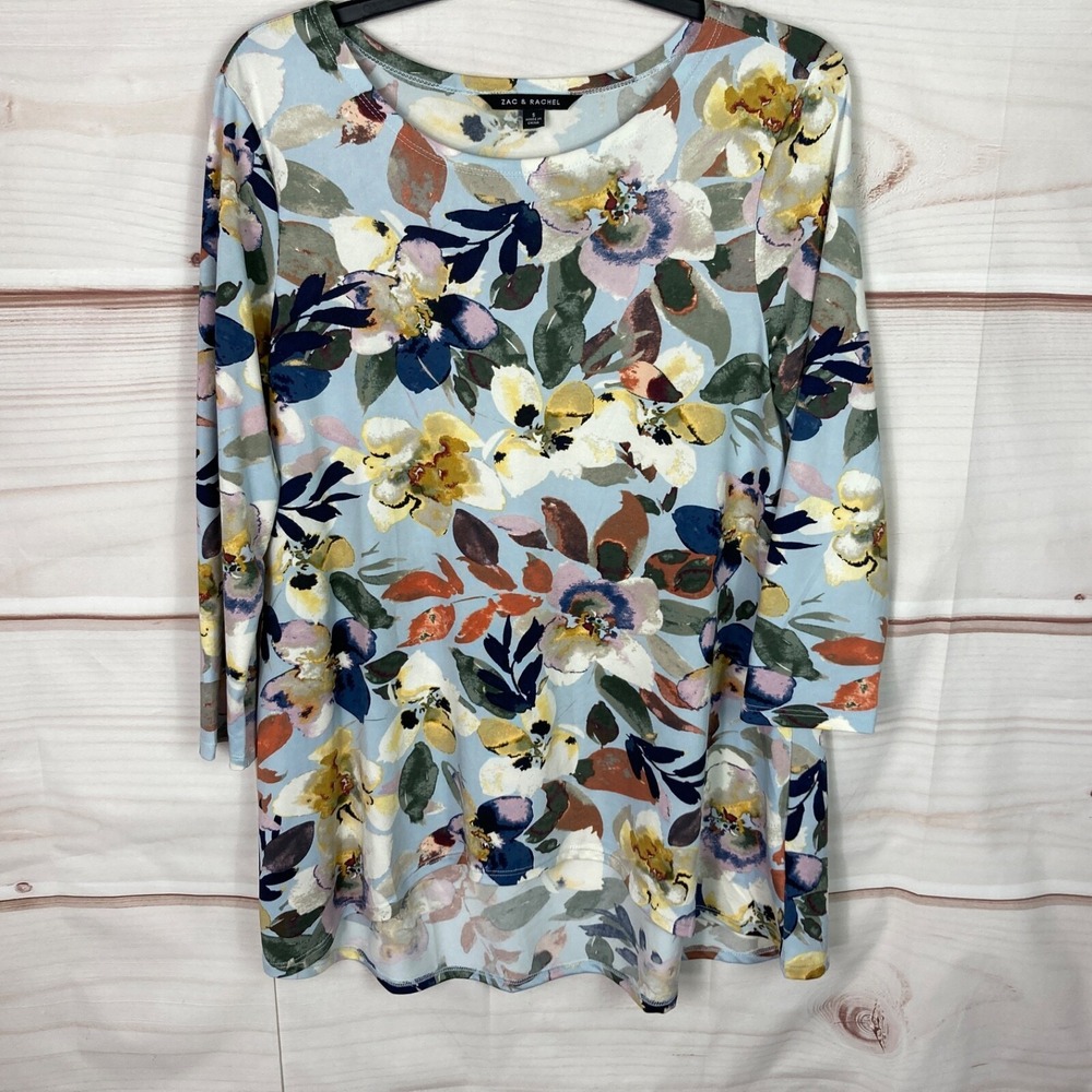 Zac & Rachel‎ Top Womens S Blue Floral Tunic 3/4 Sleeve Knit Round Neck Pullover